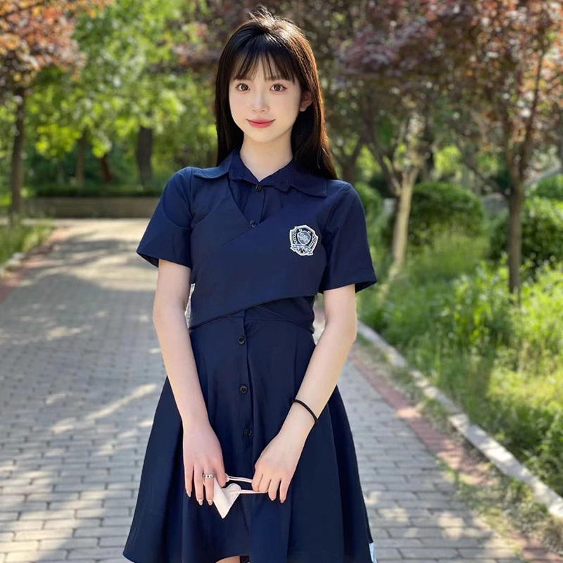 蝴蝶结绑带露腰纯色短袖不规则短袖连衣裙 女款 藏蓝色