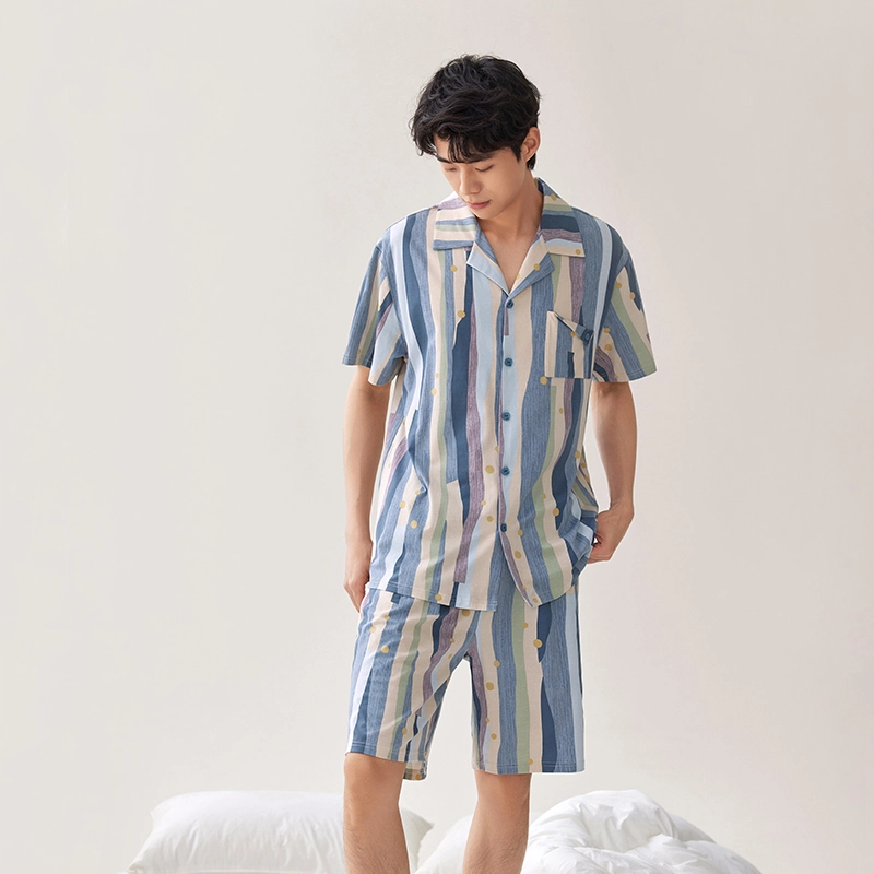 安之伴 夏季棉质短袖休闲条纹家居服套装可外穿睡衣 男款 灰兰