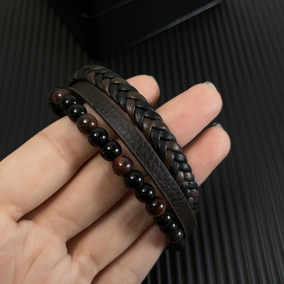 肯默多层皮绳手链 朋克风手环 编织皮  钛钢简约磁吸开口 男款