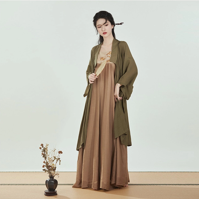 织造司 绛荷 原创唐制国风汉元素吊带连衣裙禅意锦袍外衫改良汉服 女款 棕色