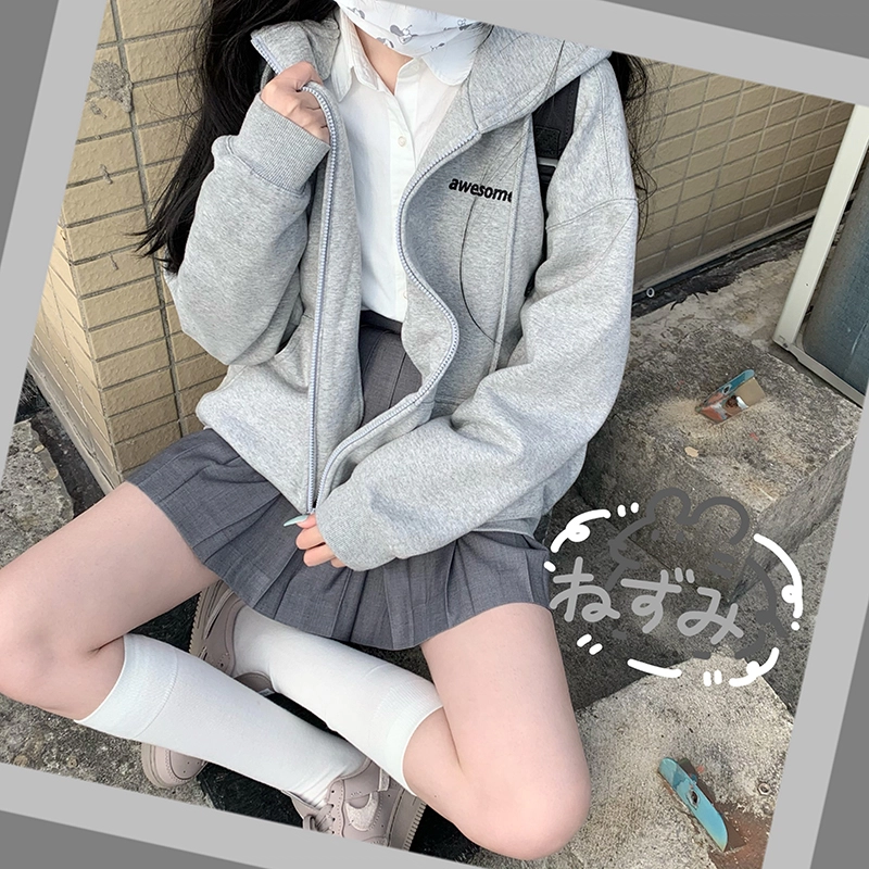 东鲸岁时记 纯色拉链宽松字母刺绣加绒开衫连帽卫衣 女款