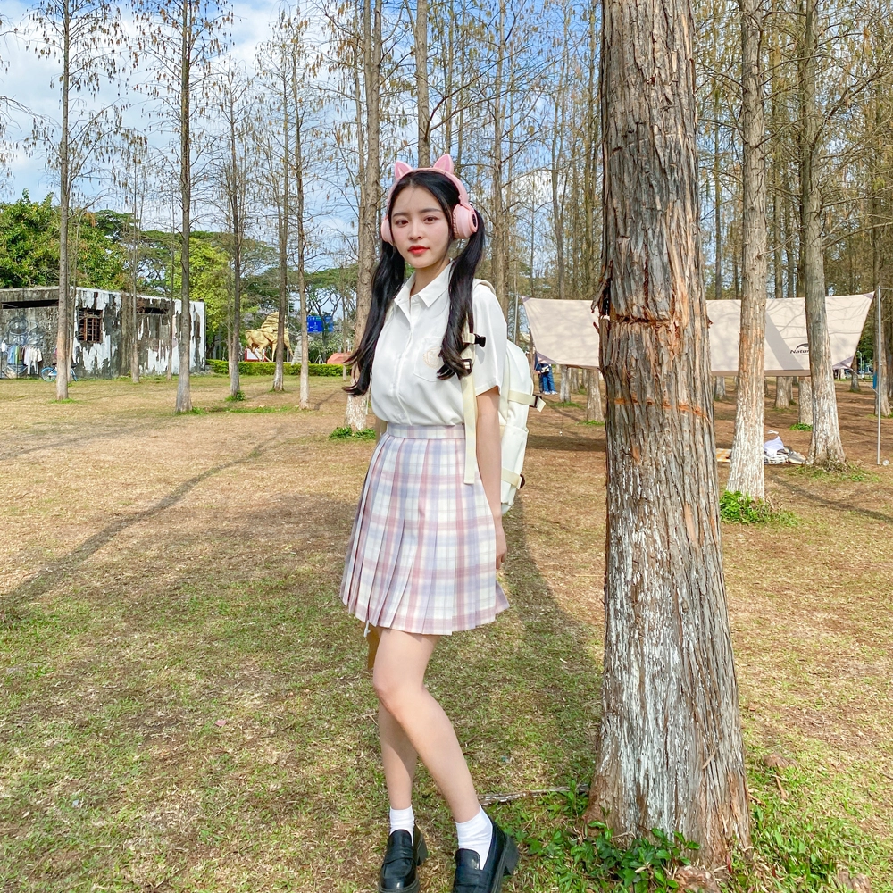 情人节女朋友 兔半眠 纯色短袖衬衫格裙制服套装 女款