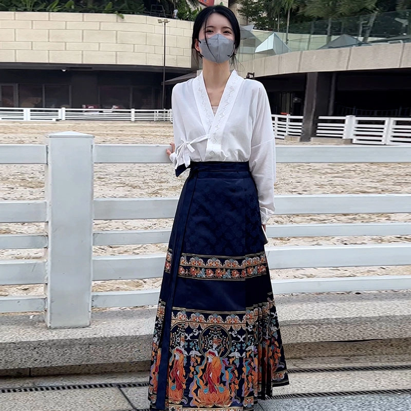 织造司 舞法天女 敦煌飞天 中国风改良仿妆花织金马面裙山河映画飞机袖明制纯色印花汉服两件套 女款 蓝色