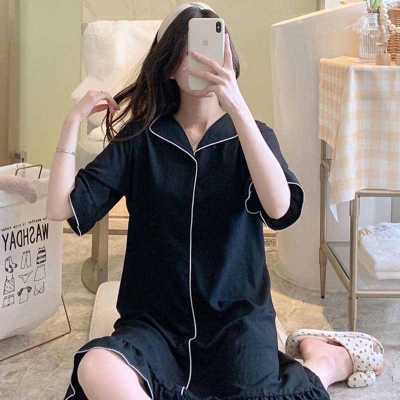 橡柠派 睡衣女夏款套头短袖中长款梭织棉麻睡裙可外穿家居服睡裙 女款 黑色