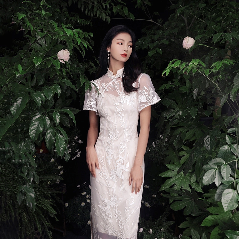 槿爷东方 云锦 新中式刺绣花卉短袖旗袍 女款 白色