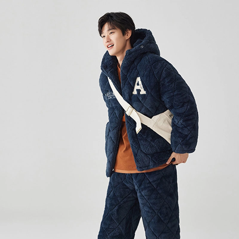 亲嘴猫 睡衣男冬季法兰绒保暖加厚三层夹棉套装连帽家居服宽松