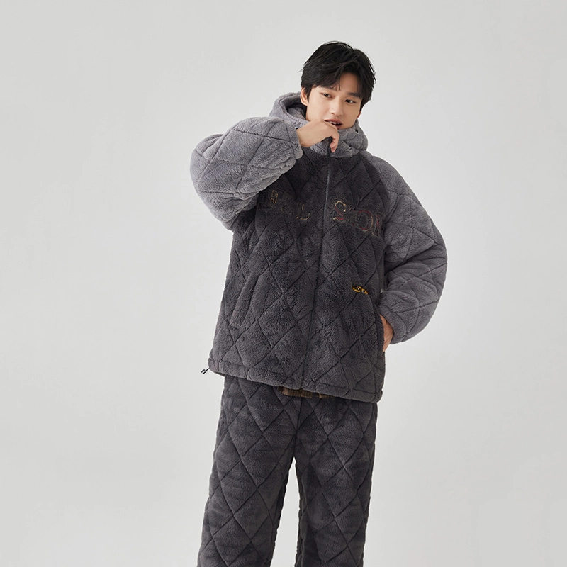 亲嘴猫冬季男士夹棉睡衣三层加厚珊瑚绒套装家居服连帽保暖可外穿