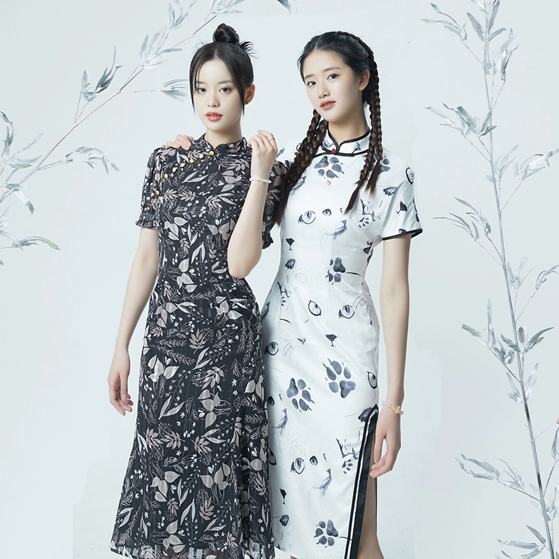 松雾叶雪纺泡泡袖短袖连衣裙 女款 黑色