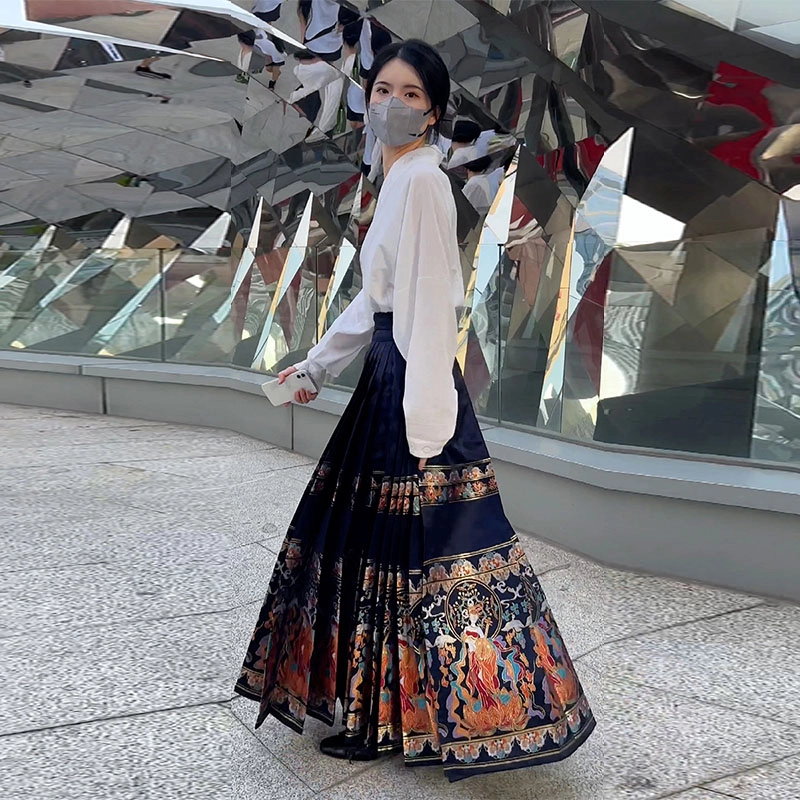 织造司 舞法天女 敦煌飞天 中国风改良仿妆花织金马面裙山河映画飞机袖明制纯色印花汉服两件套 女款 蓝色
