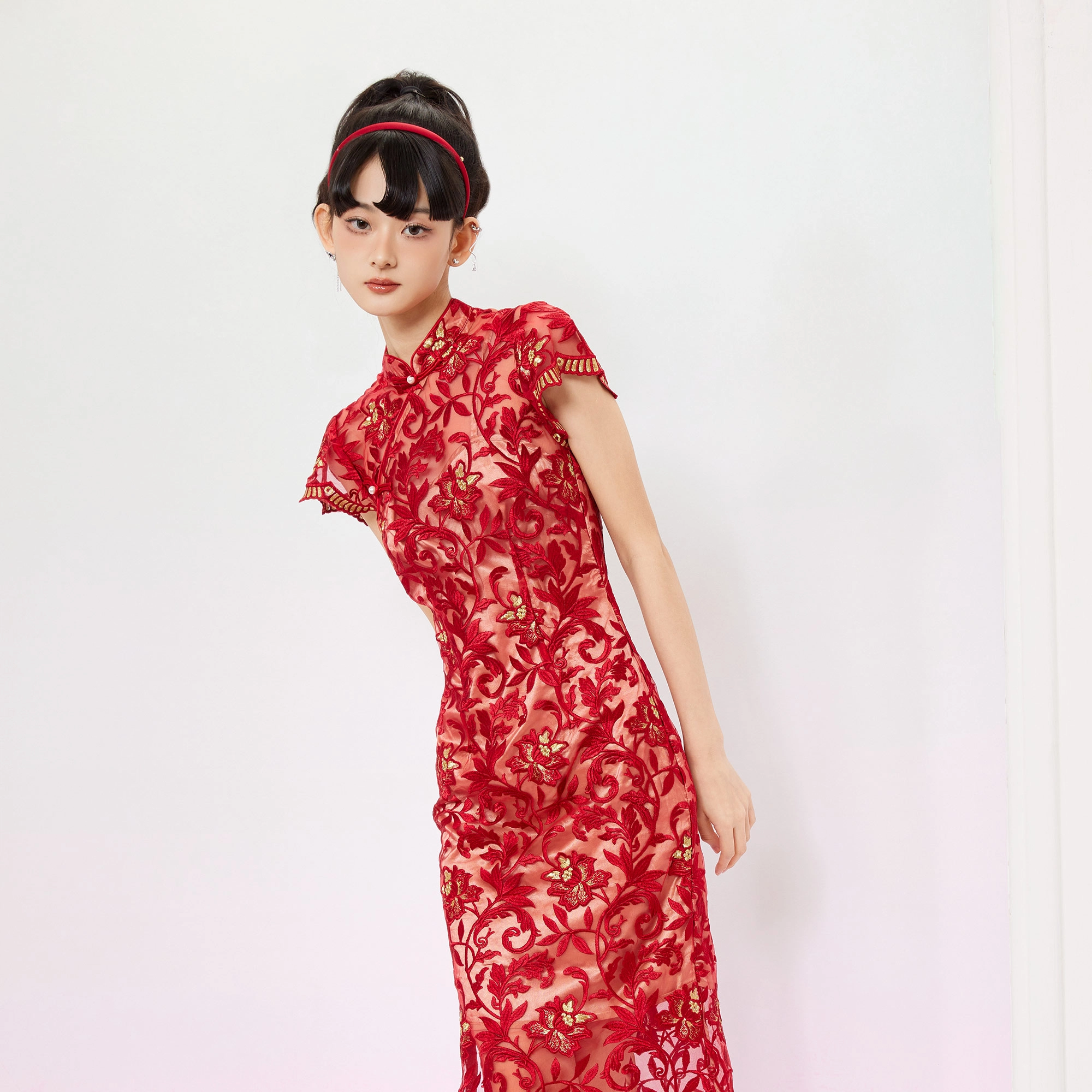 槿爷东方 斜襟刺绣短袖旗袍 女款 红色