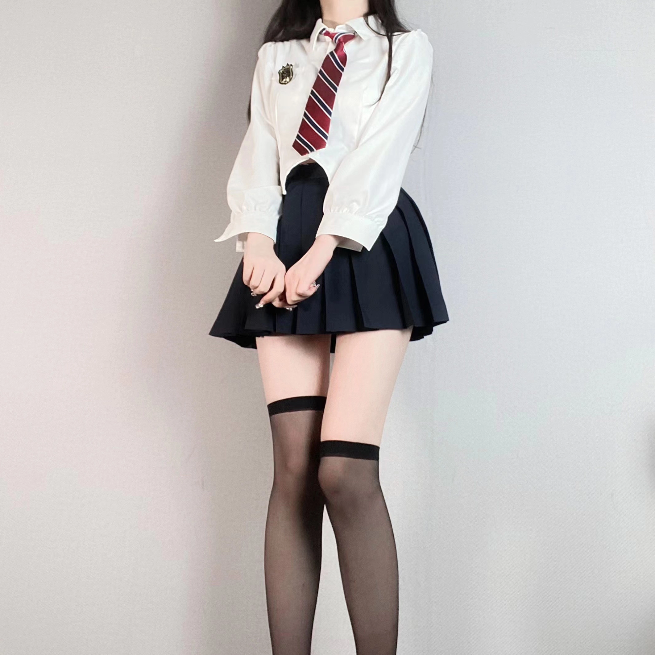 九条喵 翻领长袖衬衫纯色短款半身裙百褶裙制服套装 女款