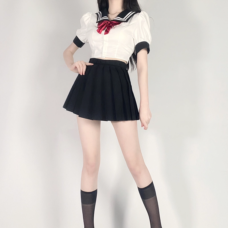 九条喵 撞色水手领蝴蝶结短款百褶裙制服套装 女款