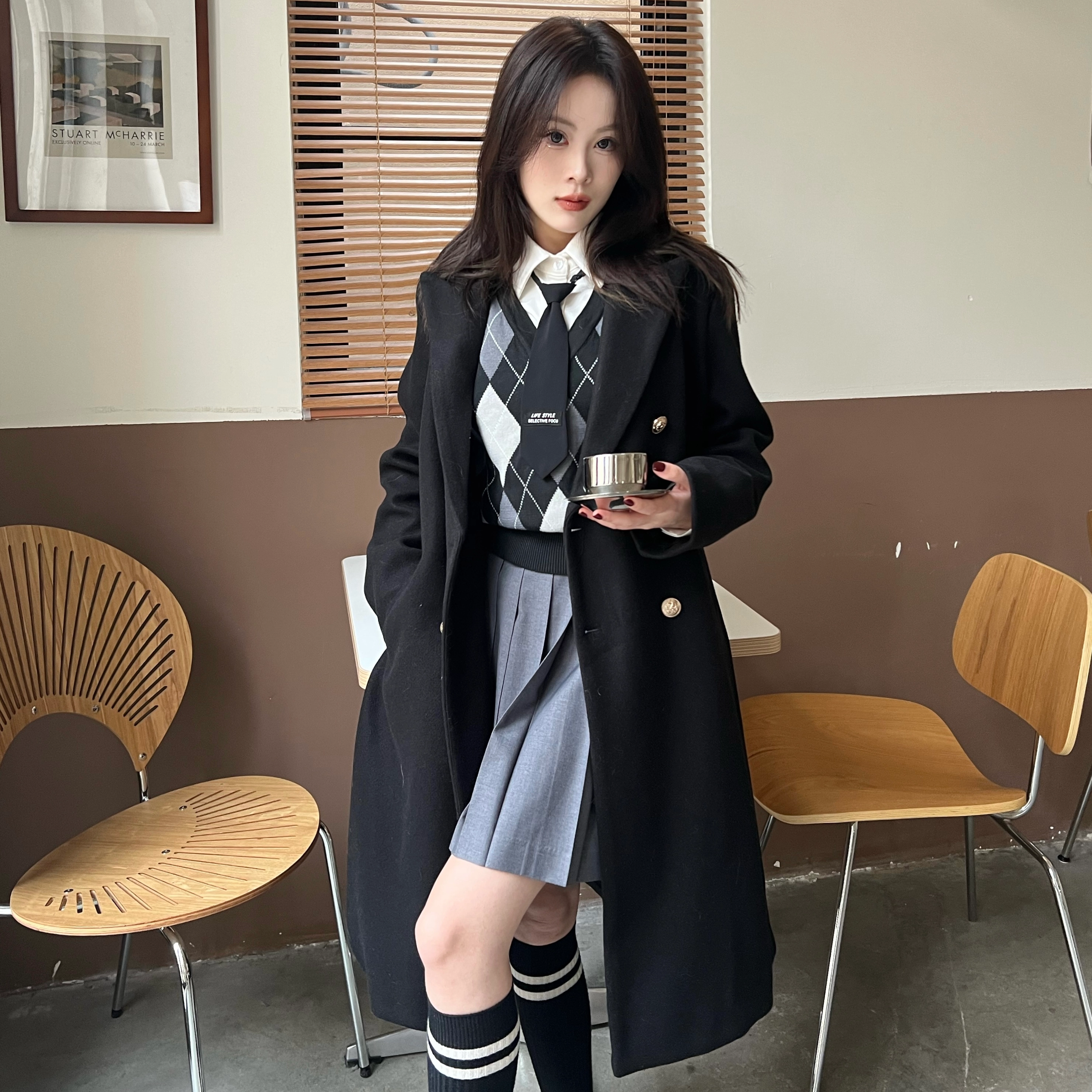 九条喵 长款纯色西装毛呢大衣外套菱形毛衣背心半身裙制服套装 女款