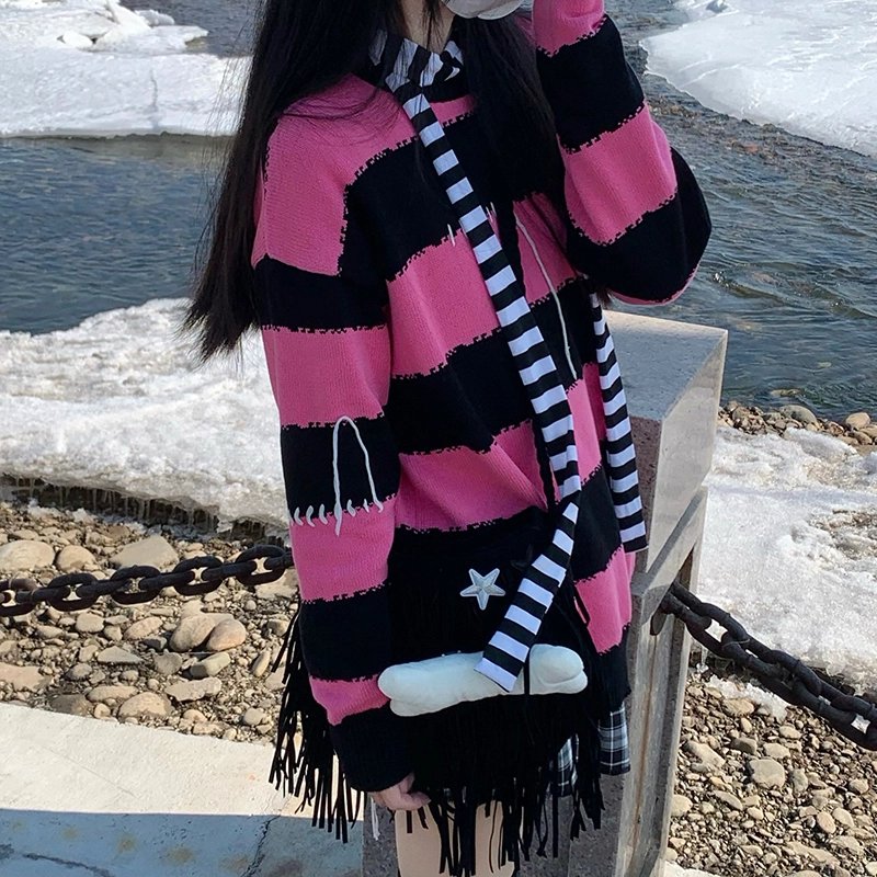 东鲸岁时记 条纹套头宽松撞色针织衫 女款 黑粉色