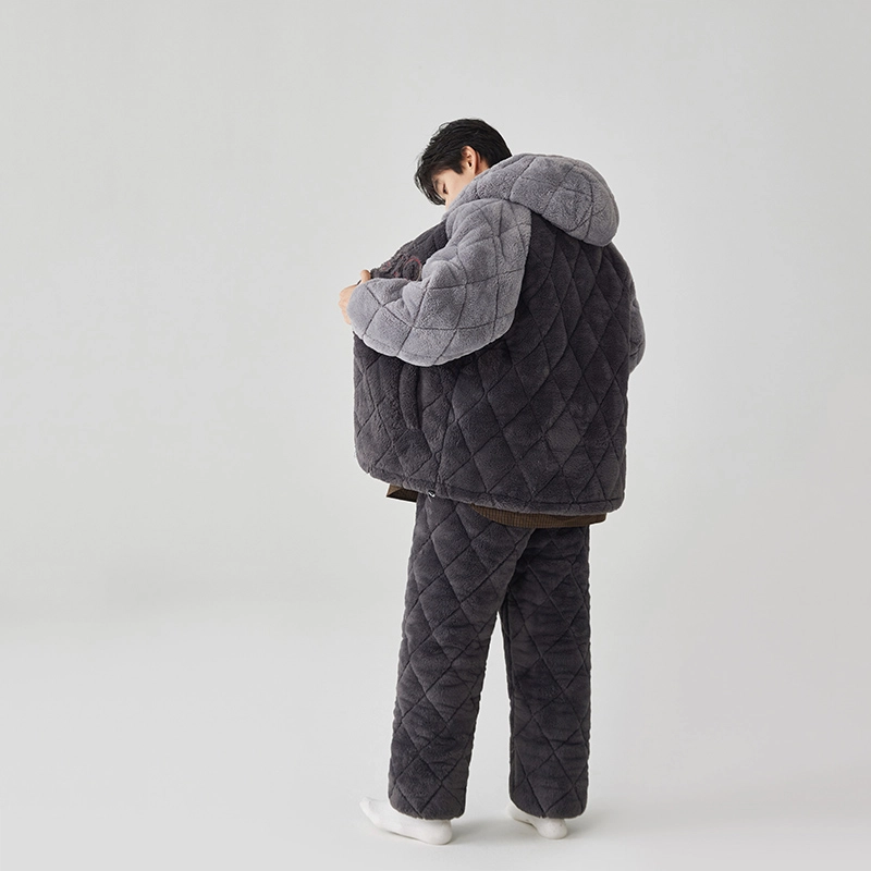 亲嘴猫冬季男士夹棉睡衣三层加厚珊瑚绒套装家居服连帽保暖可外穿