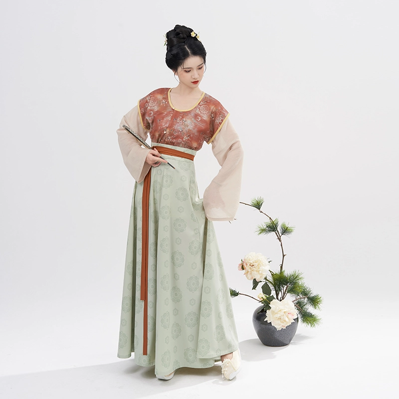 织造司 碧城 唐制拼色印花唐褙子圆领衫八破裙三套装原创汉服 女款