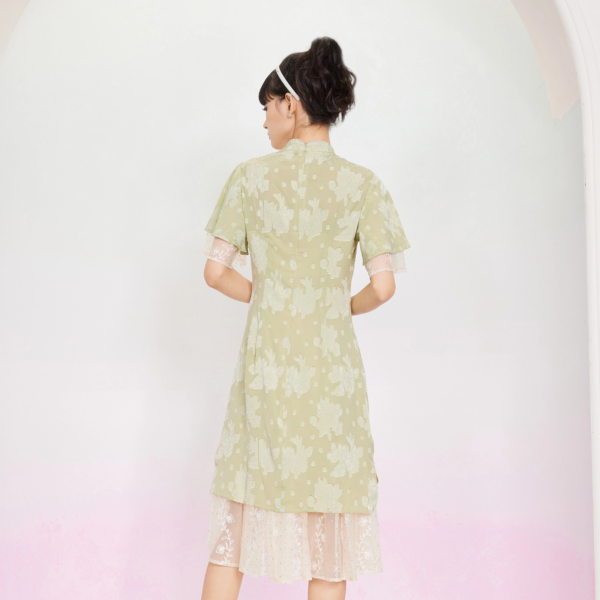 槿爷东方 假两件剪花纹样短袖旗袍 女款 桑绿色
