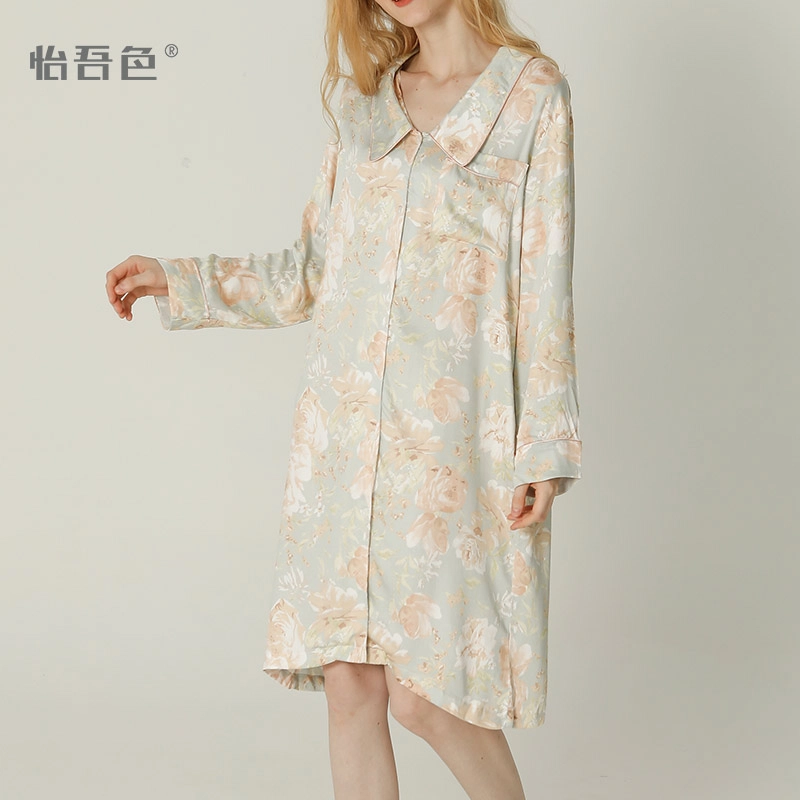怡吾色 睡衣女 休闲小尖领长袖睡裙 清新印花波点家居服睡裙