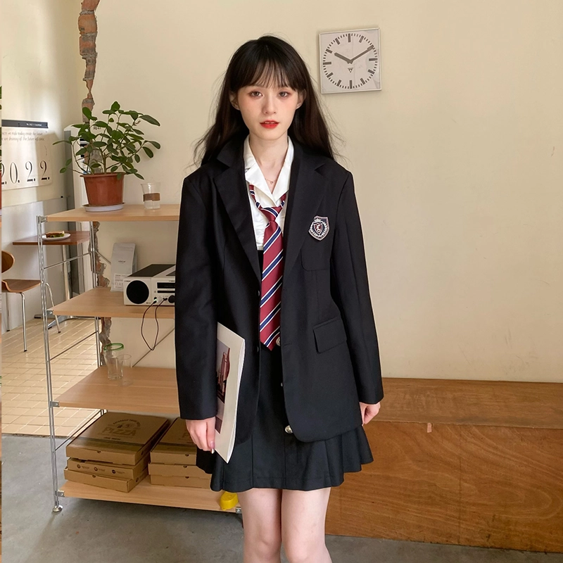 九条喵  纯色西装领单排扣长袖宽松西装 男女同款情侣款 黑色