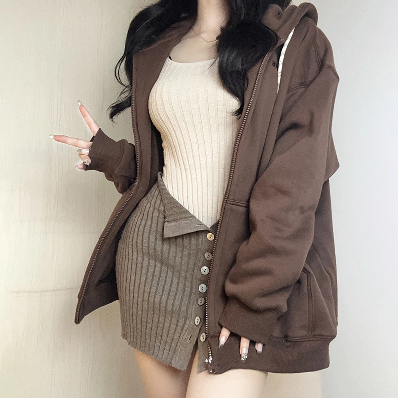 东鲸岁时记 纯色拉链宽松字母刺绣加绒开衫连帽卫衣 女款