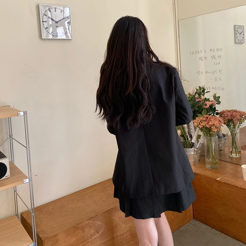 九条喵  纯色西装领单排扣长袖宽松西装 男女同款情侣款 黑色