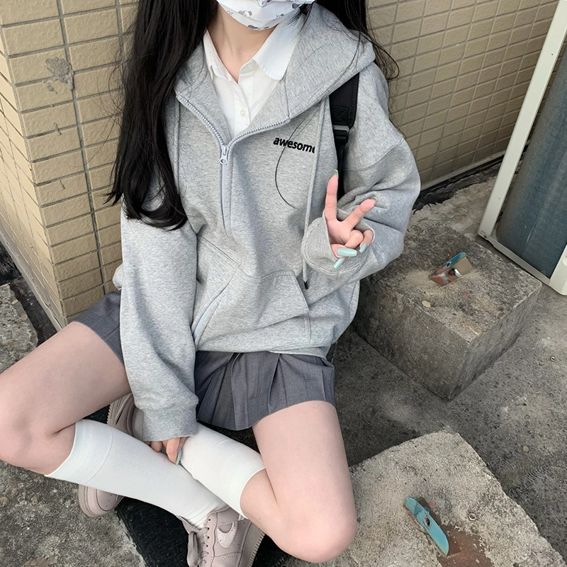 东鲸岁时记 纯色拉链宽松字母刺绣加绒开衫连帽卫衣 女款