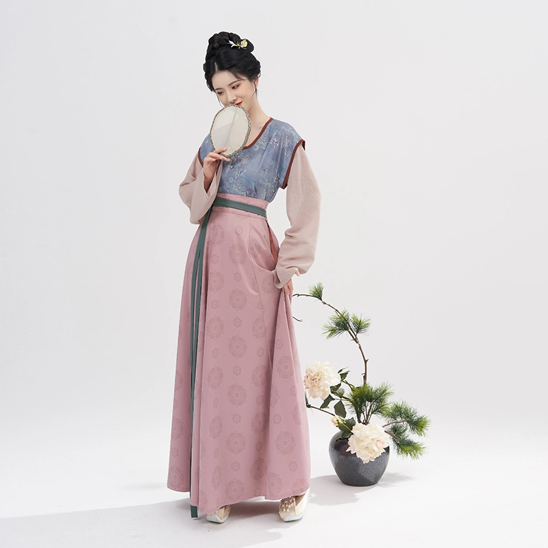 织造司 碧城 唐制拼色印花唐褙子圆领衫八破裙三套装原创汉服 女款
