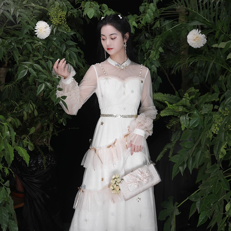 槿爷东方 星星网纱蝴蝶结长袖连衣裙 女款 米色