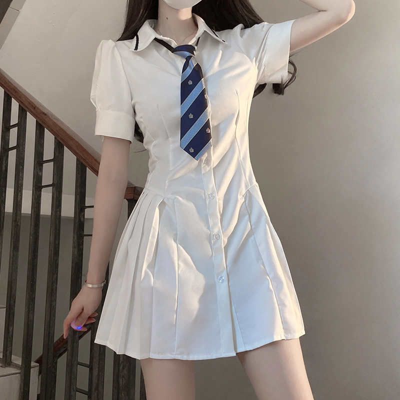 九条喵 小白川 纯色收腰衬衫式百褶短袖制服连衣裙 白色 开学季