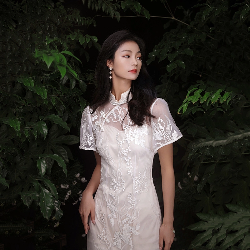槿爷东方 云锦 新中式刺绣花卉短袖旗袍 女款 白色