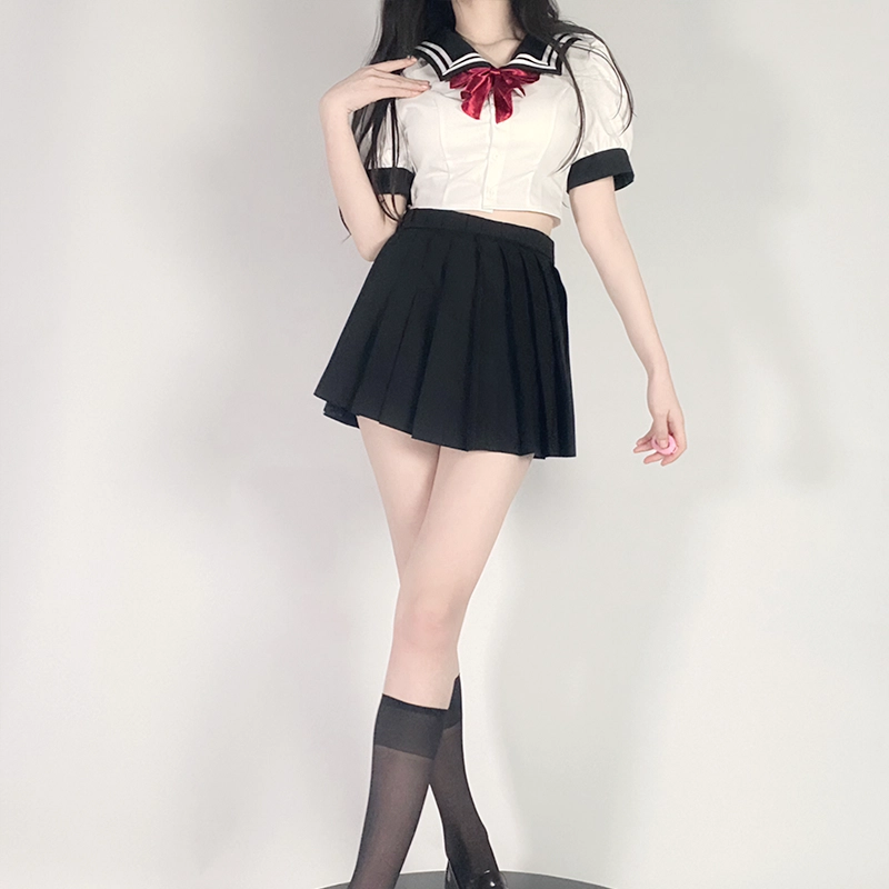 九条喵 撞色水手领蝴蝶结短款百褶裙制服套装 女款