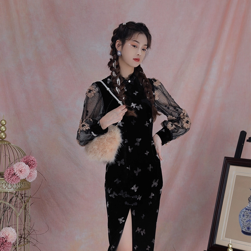 槿爷东方 远山黛网纱袖高开衩丝绒复古旗袍 女款 黑色