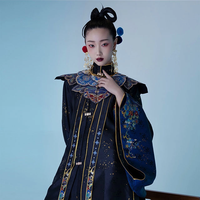 织造司 点翠 云肩立领对襟长衫主腰织金马面裙原创明制汉服 男女同款 黑色