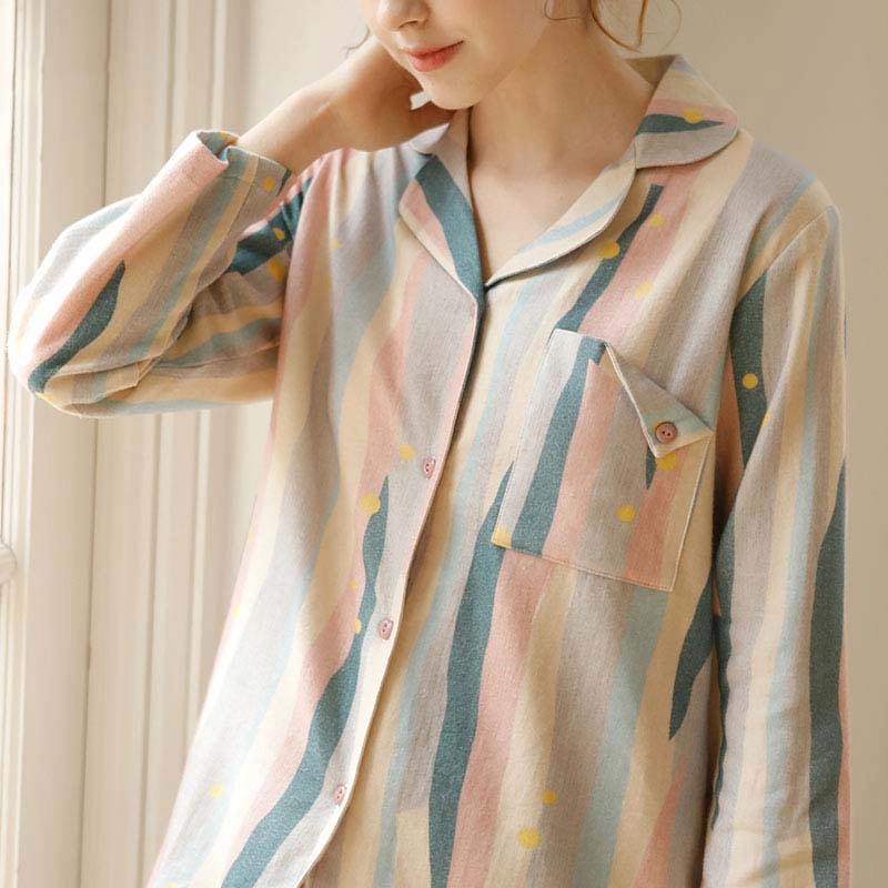 怡吾色 油画系列 长袖条纹睡衣家居服简约宽松长袖套装 春夏季 男女款