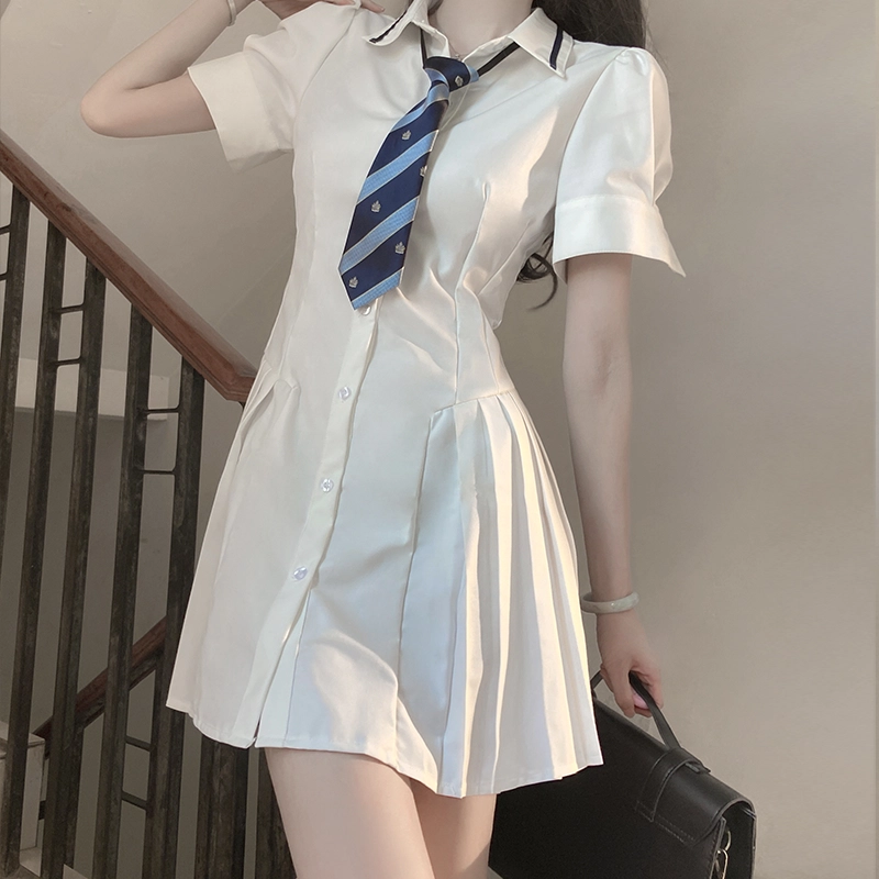 九条喵 小白川 纯色收腰衬衫式百褶短袖制服连衣裙 白色 开学季