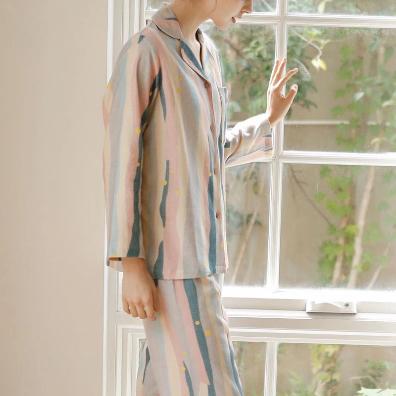 怡吾色 油画系列 长袖条纹睡衣家居服简约宽松长袖套装 春夏季 男女款