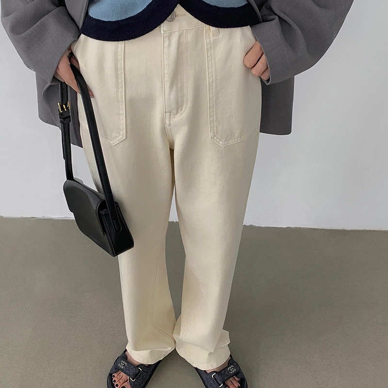 周淼 纯色阔腿宽松高腰直筒牛仔裤 女款 白色