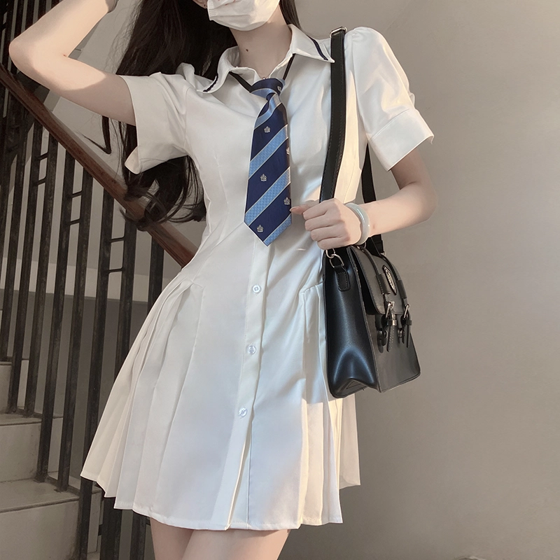 九条喵 小白川 纯色收腰衬衫式百褶短袖制服连衣裙 白色 开学季