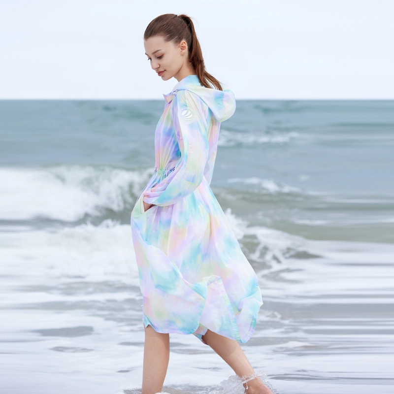 波司登 冰丝凉感油画晕染抽绳长款连帽连衣裙防晒衣 女款 蓝紫迷恋