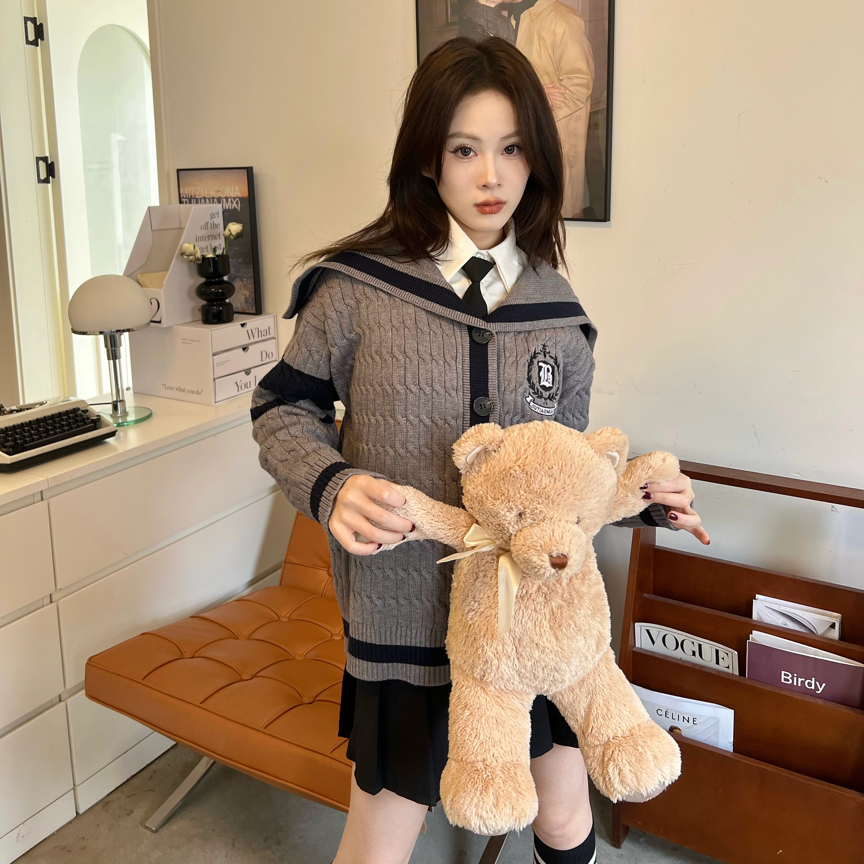 九条喵 海军领刺绣单排扣长袖外套纯色短款百褶半身裙制服套装 女款 