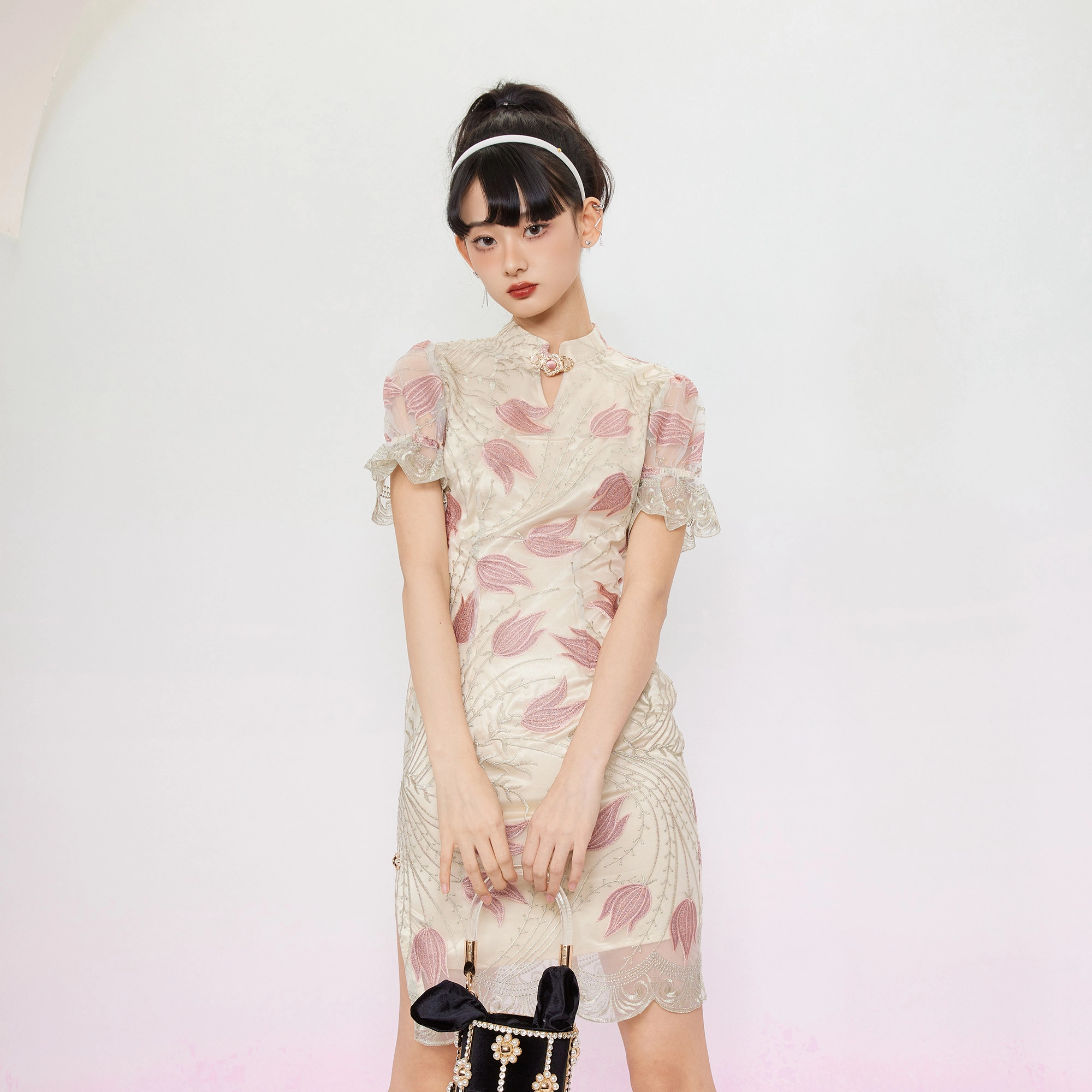 槿爷东方  玉金香花枝刺绣短袖旗袍 女款 灰金色