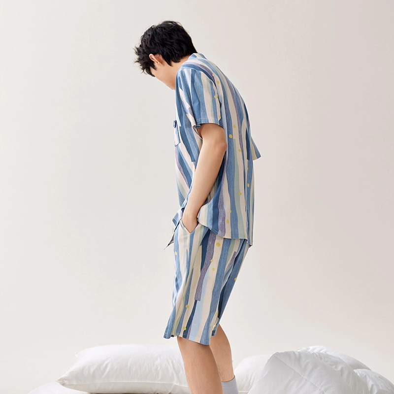 安之伴 夏季棉质短袖休闲条纹家居服套装可外穿睡衣 男款 灰兰