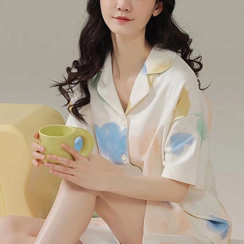 橡柠派 睡衣女夏季短袖短裤薄款学生夏天青少年休闲家居服套装 女款 蓝粉色 家居套装