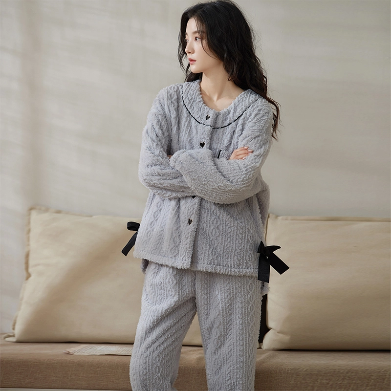 小情歌 珊瑚绒睡衣  冬季 加绒加厚保暖御寒家居服 女款  灰蓝色