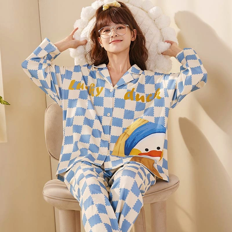 怡吾色 清新蓝色系印花可爱鸭家居服套装 可外穿睡衣 情侣款