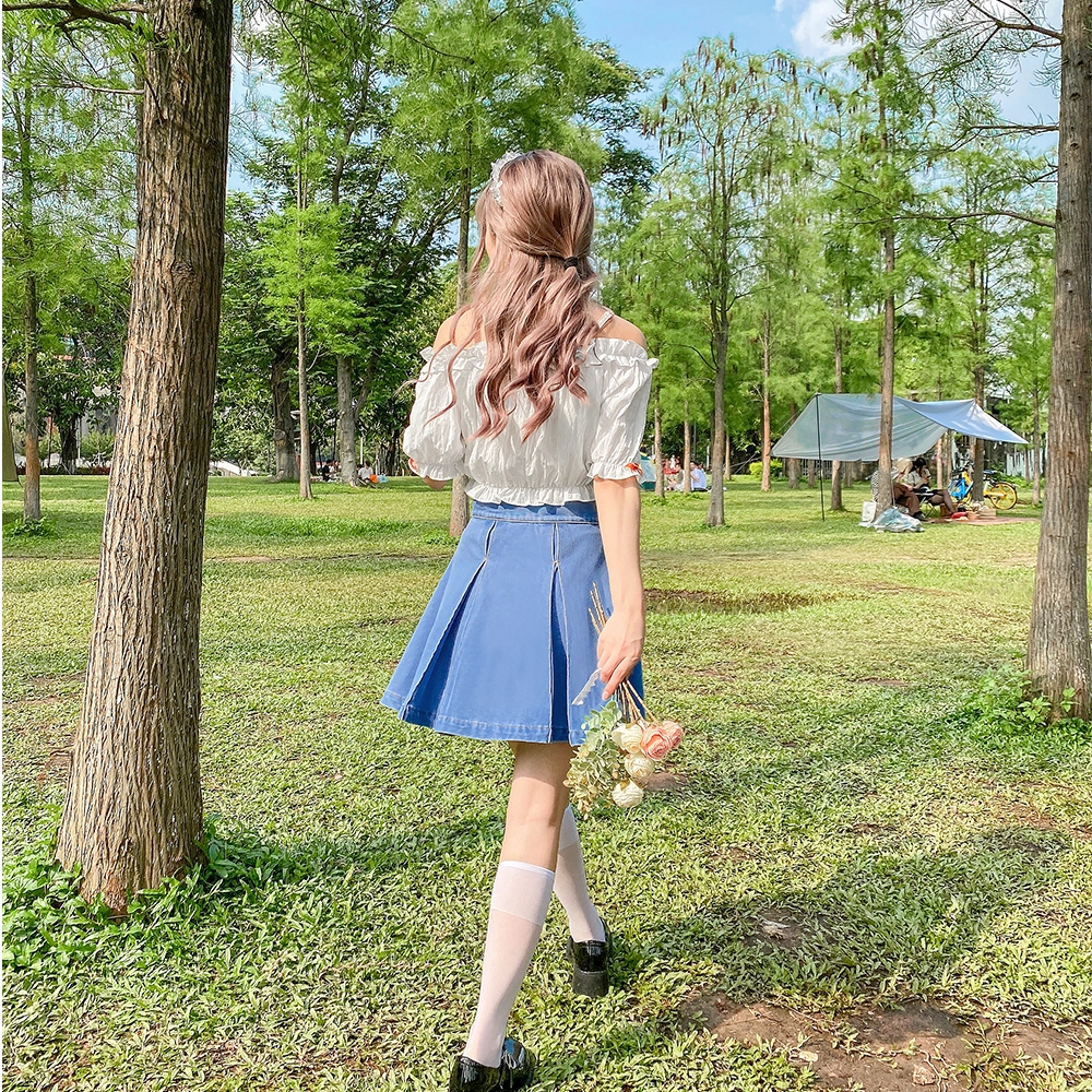 兔半眠 纯色吊带短袖上衣牛仔百褶裙制服套装 女款 开学季