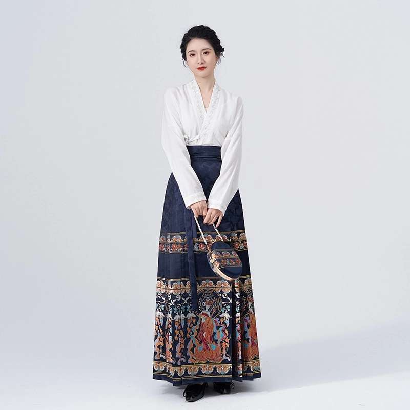 织造司 舞法天女 敦煌飞天 中国风改良仿妆花织金马面裙山河映画飞机袖明制纯色印花汉服两件套 女款 蓝色