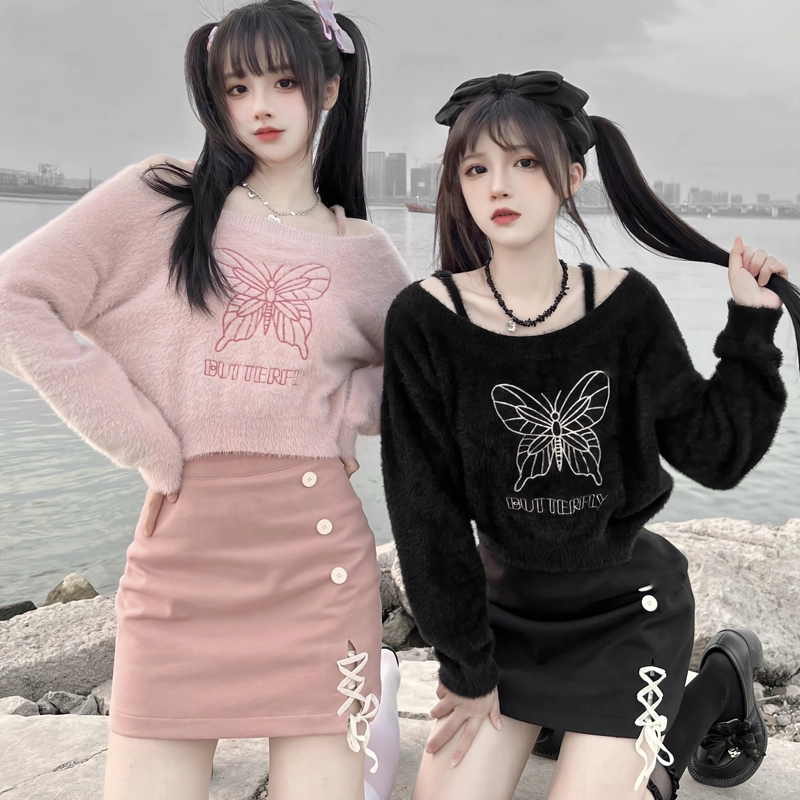 兔半眠 纯色印花挂脖毛衣包臀短裙制服裙装