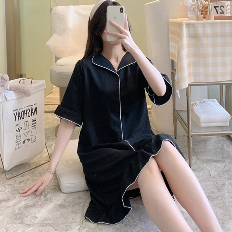 橡柠派 睡衣女夏款套头短袖中长款梭织棉麻睡裙可外穿家居服睡裙 女款 黑色