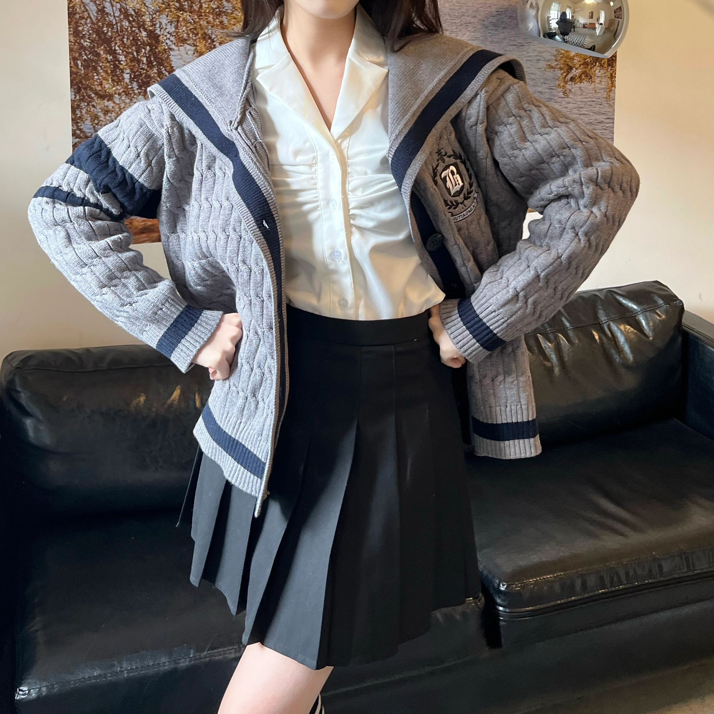 九条喵 海军领刺绣单排扣长袖外套纯色短款百褶半身裙制服套装 女款 